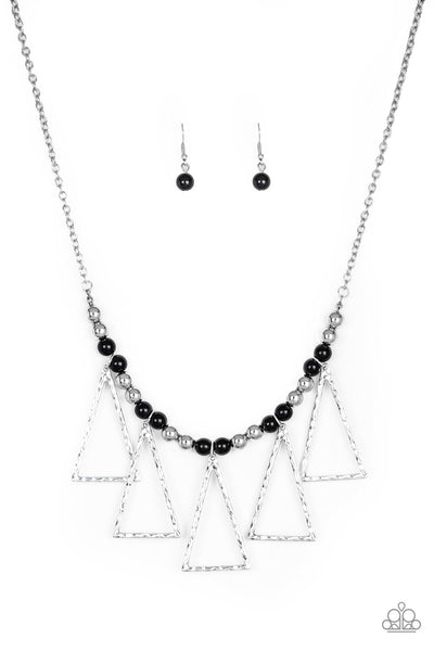 TERRA NOUVEAU - BLACK BEAD SILVER HAMMERED TRIANGLE FRAME NECKLACE - PAPARAZZI