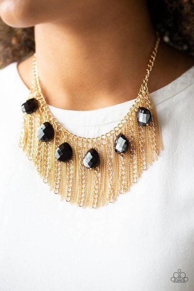 VIXEN CONVICTION - GOLD FRINGE BLACK BEAD NECKLACE - PAPARAZZI