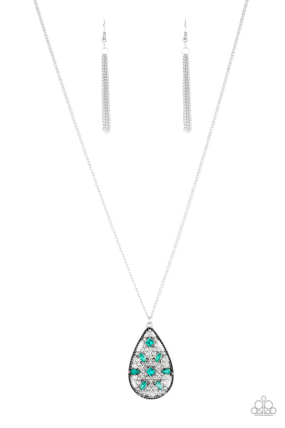 GALA GLIMMER - GREEN RHINESTONE SILVER TEARDROP PENDANT NECKLACE - PAPARAZZI