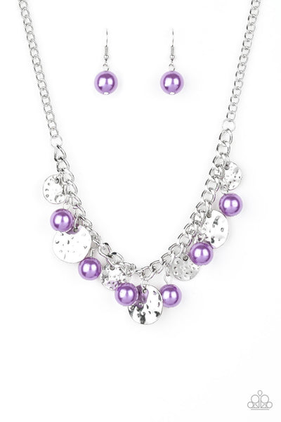SEASIDE SOPHISTICATION - PAPARAZZI - PURPEL SILVER DISC AND PEARL FRINGE NECKLACE