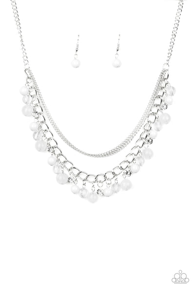 WAIT AND SEA - WHITE RHINESTONE BEAD SILVER LAYERED NECKLACE - PAPARAZZI