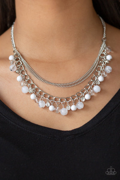 WAIT AND SEA - WHITE RHINESTONE BEAD SILVER LAYERED NECKLACE - PAPARAZZI