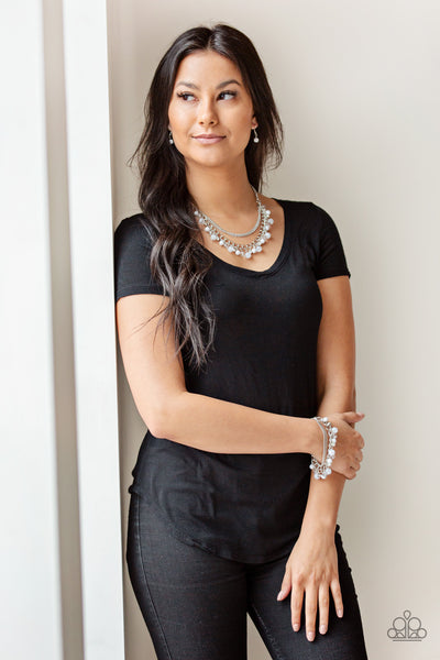 WAIT AND SEA - WHITE RHINESTONE BEAD SILVER LAYERED NECKLACE - PAPARAZZI