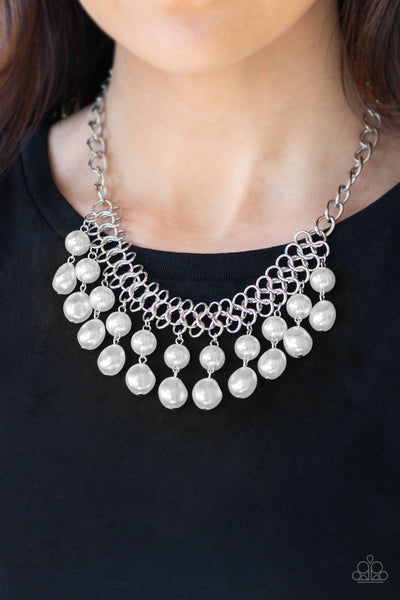 5TH AVENUE FLEEK -SILVER CHAIN WHITE PEARL FRINGE NECKLACE - PAPARAZZI