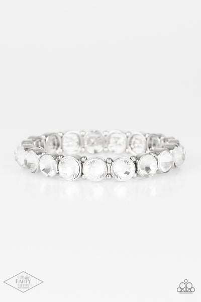SUGAR-COATED SPARKLE - WHITE RHINESTONE SILVER STRETCHY BRACELET - PAPARAZZI