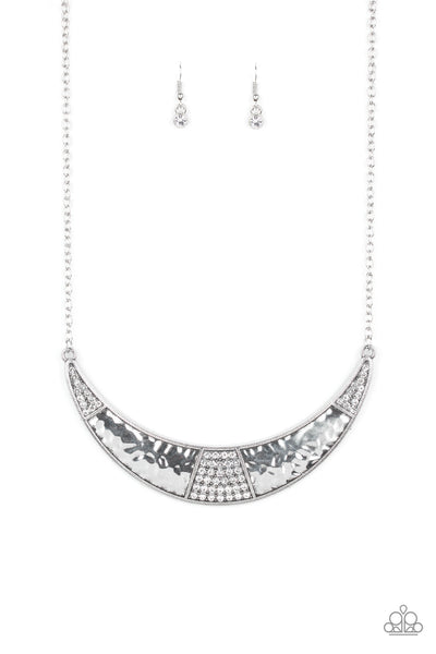 STARDUST - PAPARAZZI - WHITE SILVER HAMMERED RHINESTONE HALF-MOON PLATE NECKLACE
