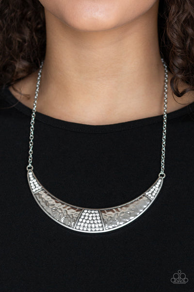 STARDUST - PAPARAZZI - WHITE SILVER HAMMERED RHINESTONE HALF-MOON PLATE NECKLACE
