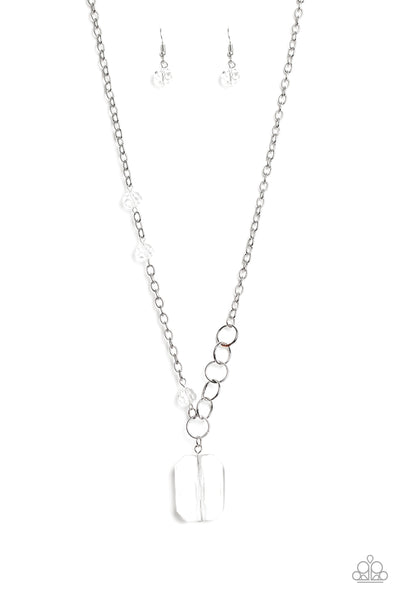 NEVER A DULL MOMENT - WHITE EMERALD-CUT GEM SILVER NECKLACE - PAPARAZZI