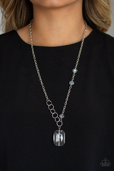 NEVER A DULL MOMENT - WHITE EMERALD-CUT GEM SILVER NECKLACE - PAPARAZZI