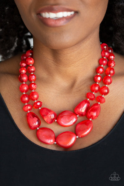 BEACH GLAM - RED IRIDESCENT BEAD LAYERED NECKLACE - PAPARAZZI