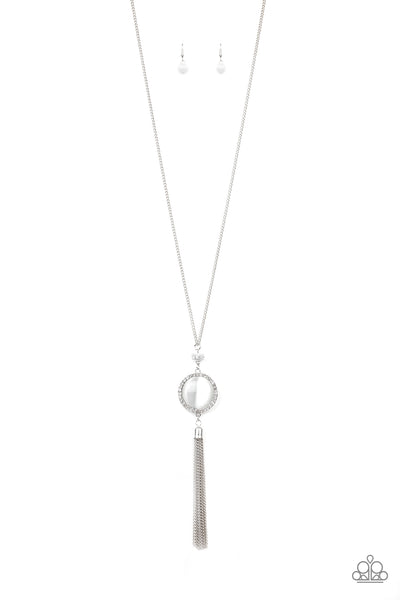 SPARKLING SPECTACLE - WHITE CAT'S EYE STONE RHINESTONE SILVER NECKLACE - PAPARAZZI
