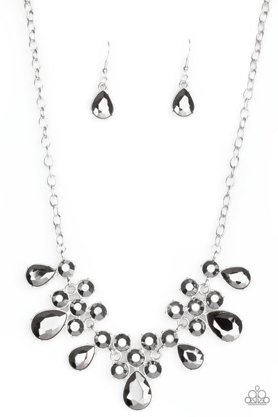DEBUTANTE DRAMA - SILVER ROUND AND TEARDROP HEMATITE RHINESTONE NECKLACE - PAPARAZZI