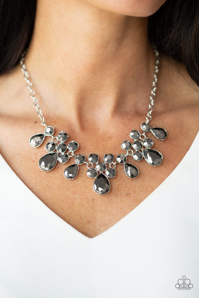 DEBUTANTE DRAMA - SILVER ROUND AND TEARDROP HEMATITE RHINESTONE NECKLACE - PAPARAZZI