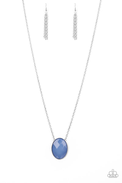 INTENSELY ILLUMINATED - BLUE GLASSY FACETED BEAD SILVER OVAL FRAME NECKLACE