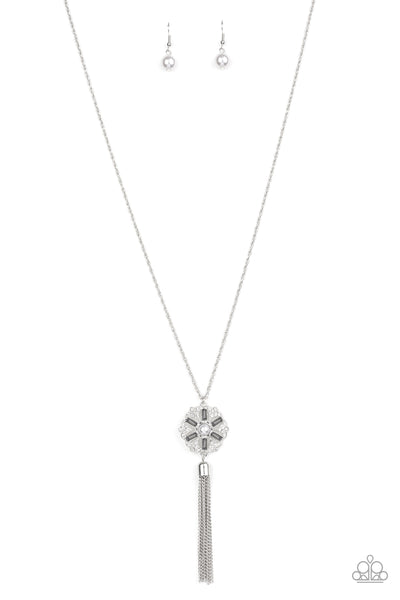 FINE FLORALS - SILVER PEARL SMOKY AND WHITE RHINESTONE SILVER NECKLACE - PAPARAZZI