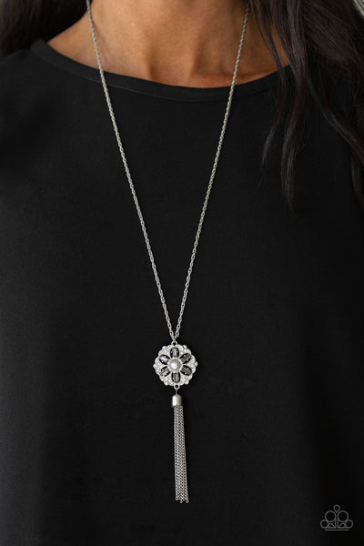 FINE FLORALS - SILVER PEARL SMOKY AND WHITE RHINESTONE SILVER NECKLACE - PAPARAZZI