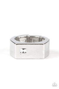STEADFAST - WHITE RHINESTONE SILVER MEN'S URBAN RING - PAPARAZZI