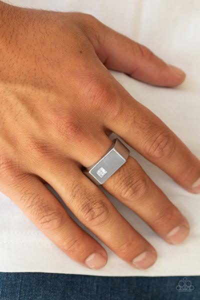 STEADFAST - WHITE RHINESTONE SILVER MEN'S URBAN RING - PAPARAZZI
