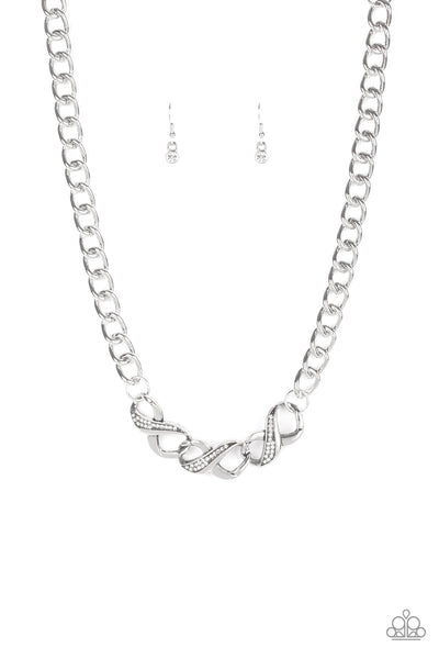 INFINITE IMPACT - PAPARAZZI - WHITE RHINESTONE SILVER INFINITY CHARM NECKLACE