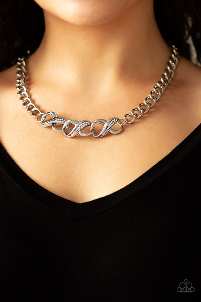 INFINITE IMPACT - PAPARAZZI - WHITE RHINESTONE SILVER INFINITY CHARM NECKLACE