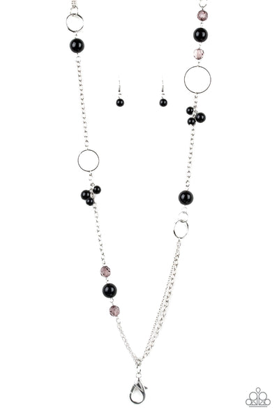 PAGEANT PRINCESS - BLACK GLASSY BEAD SILVER HOOP LANYARD NECKLACE - PAPARAZZI