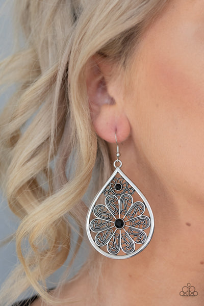 WHIMSY DREAMS - PAPARAZZI - BLACK RHINESTONE SILVER FILIGREE TEARDROP EARRINGS