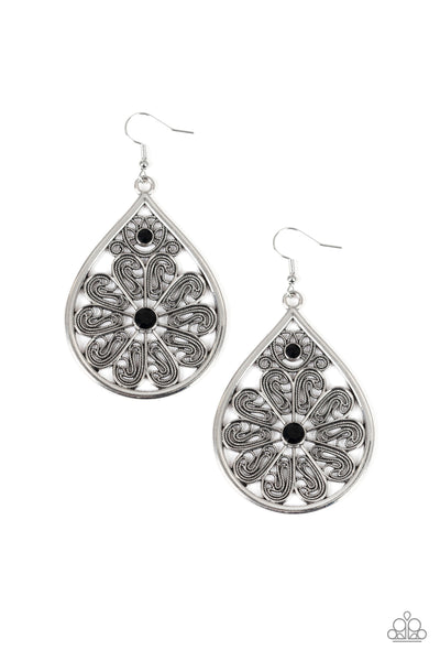 WHIMSY DREAMS - PAPARAZZI - BLACK RHINESTONE SILVER FILIGREE TEARDROP EARRINGS