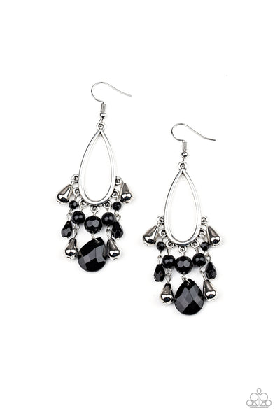 SUMMER CATCH - BLACK GLASSY BEADS SILVER TEARDROP EARRINGS - PAPARAZZI