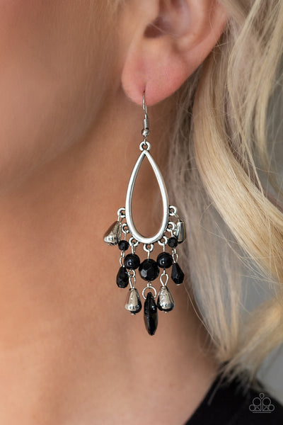 SUMMER CATCH - BLACK GLASSY BEADS SILVER TEARDROP EARRINGS - PAPARAZZI