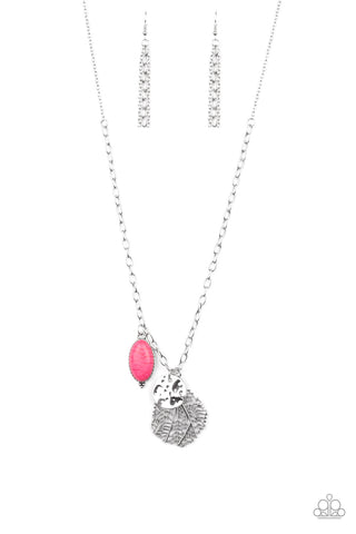 FREE-SPIRITED FORAGER - PINK TURQUOISE HAMMERED SILVER DISC LEAF CHARM NECKLACE