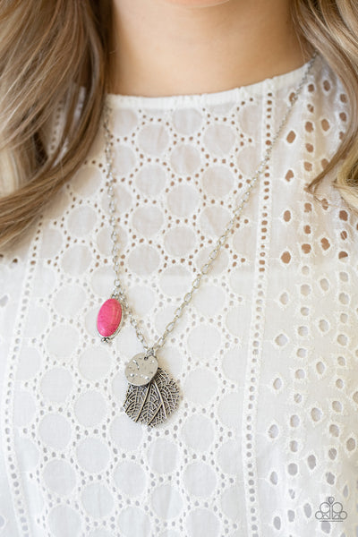 FREE-SPIRITED FORAGER - PINK TURQUOISE HAMMERED SILVER DISC LEAF CHARM NECKLACE