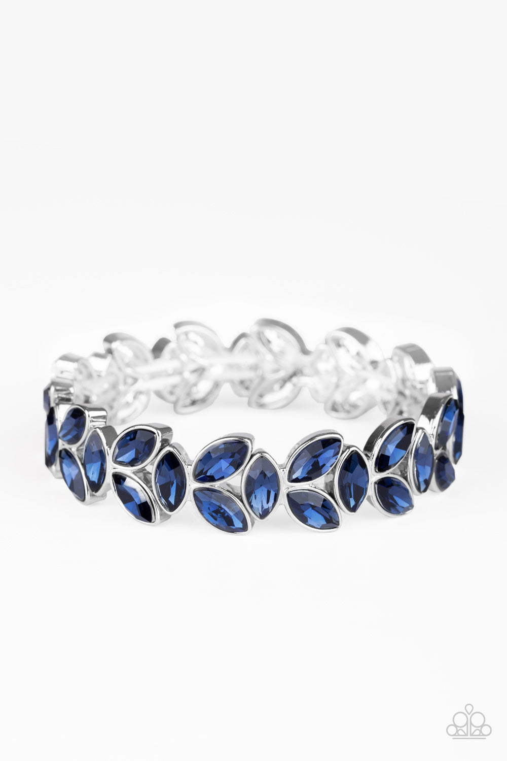 GILDED GARDENS -BLUE RHINESTONE LEAFY SILVER STRETCHY BRACELET - PAPARAZZI