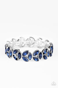 GILDED GARDENS -BLUE RHINESTONE LEAFY SILVER STRETCHY BRACELET - PAPARAZZI