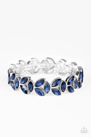 GILDED GARDENS -BLUE RHINESTONE LEAFY SILVER STRETCHY BRACELET - PAPARAZZI