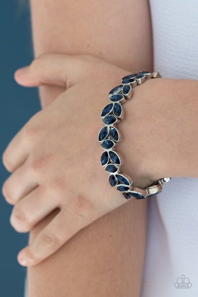 GILDED GARDENS -BLUE RHINESTONE LEAFY SILVER STRETCHY BRACELET - PAPARAZZI