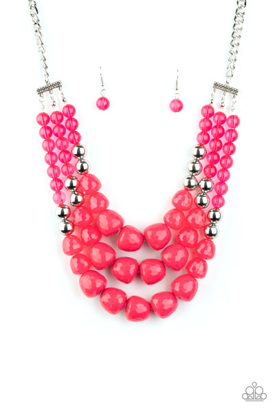 FORBIDDEN FRUIT - PINK AND SILVER BEAD LAYERED NECKLACE - PAPARAZZI