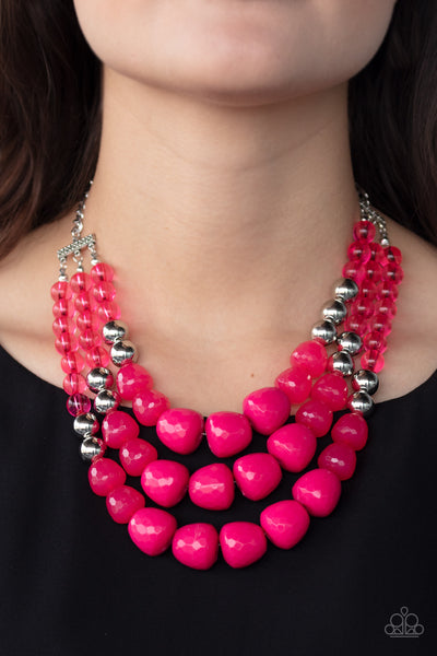 FORBIDDEN FRUIT - PINK AND SILVER BEAD LAYERED NECKLACE - PAPARAZZI