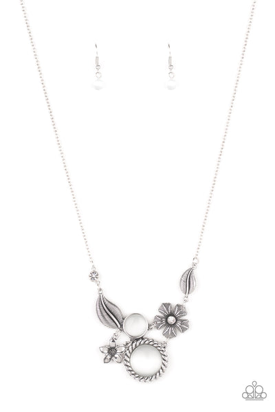 EXQUISITELY EDEN - WHITE CAT'S EYE STONE SILVER FLORAL NECKLACES - PAPARAZZI