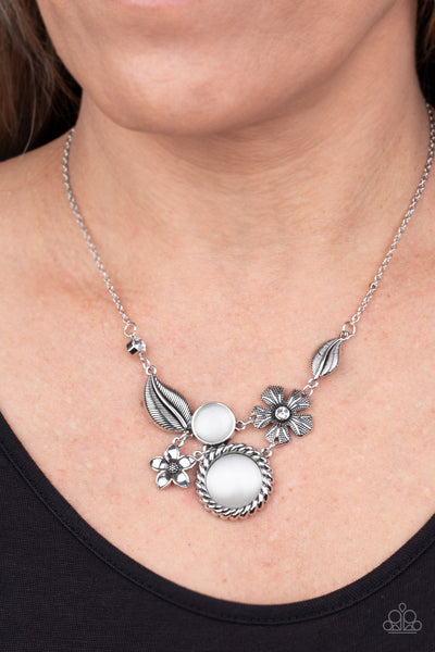 EXQUISITELY EDEN - WHITE CAT'S EYE STONE SILVER FLORAL NECKLACES - PAPARAZZI