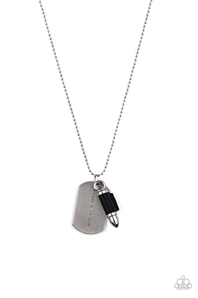 PROUD PATRIOT - BLACK LEATHER SILVER BULLET DOG TAG NECKLACE - PAPARAZZI