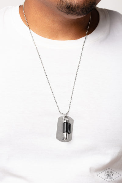 PROUD PATRIOT - BLACK LEATHER SILVER BULLET DOG TAG NECKLACE - PAPARAZZI