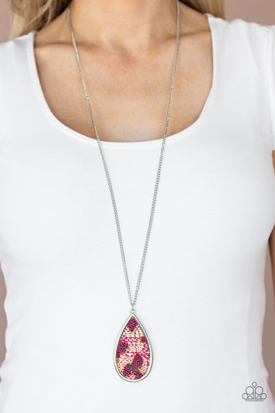 ARTIFICIAL ANIMAL - PINK METALLIC LEATHER SILVER TEARDROP NECKLACE - PAPARAZZI