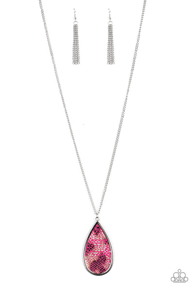 ARTIFICIAL ANIMAL - PINK METALLIC LEATHER SILVER TEARDROP NECKLACE - PAPARAZZI