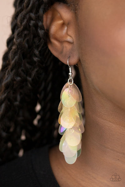 STELLAR IN SEQUINS - MULTI IRIDESCENT OVAL YELLOW EARRINGS - PAPARAZZI