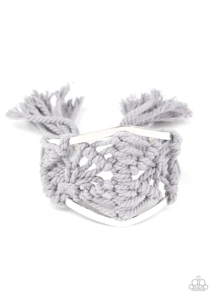 MACRAME MODE - SILVER GRAY THREAD MACRAME CUFF BRACELET - PAPARAZZI