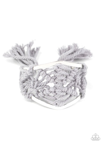MACRAME MODE - SILVER GRAY THREAD MACRAME CUFF BRACELET - PAPARAZZI