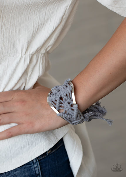 MACRAME MODE - SILVER GRAY THREAD MACRAME CUFF BRACELET - PAPARAZZI
