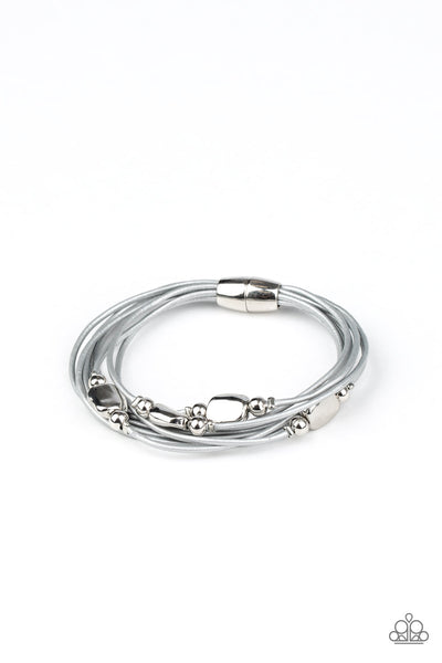 RAW EDGE - SILVER BEAD GRAY CORDING MAGNETIC BRACELET - PAPARAZZI