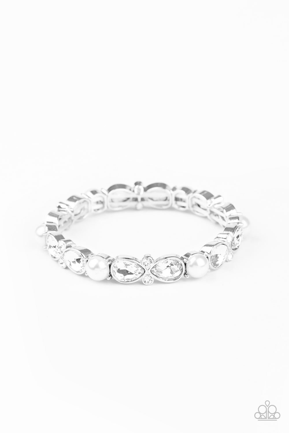 FROSTED FINERY - WHITE RHINESTONE SILVER STRETCHY BRACELET - PAPARAZZI
