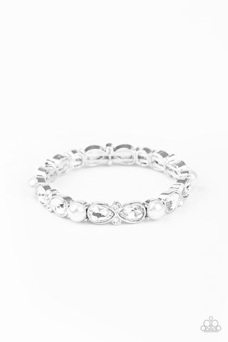 FROSTED FINERY - WHITE RHINESTONE SILVER STRETCHY BRACELET - PAPARAZZI